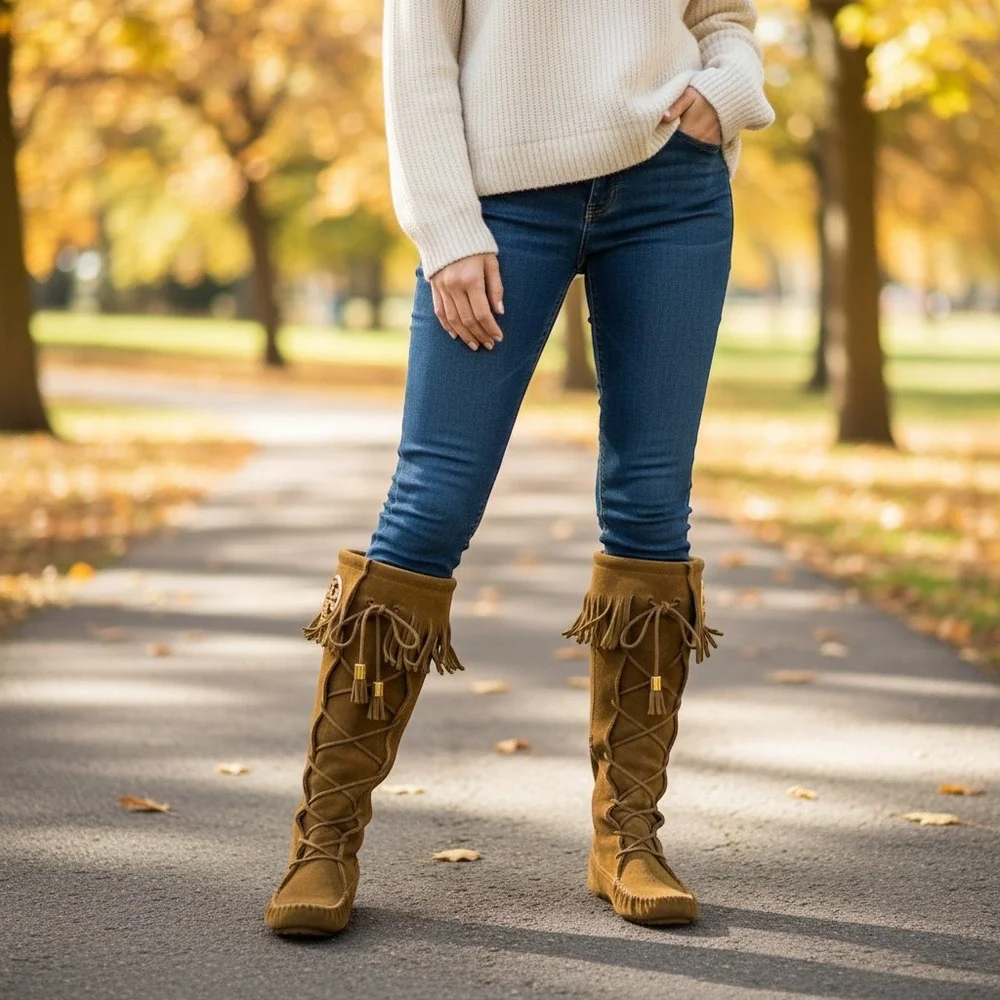 Tory Burch Tan Suede Fringe Moccasin Lace Up‎ Tall Boots Gold Logo Tassels 7M